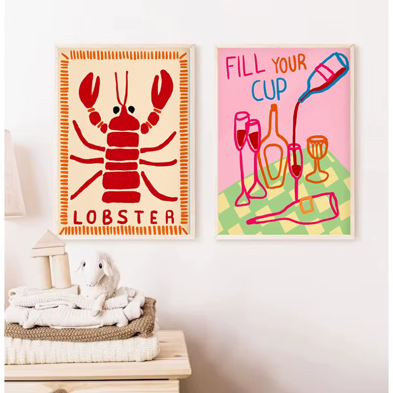 Tableau sur toile Pop Art tropical estival preppy, thème coquillages, vin, homard, vacances à la plage, décoration murale pour club et maison.