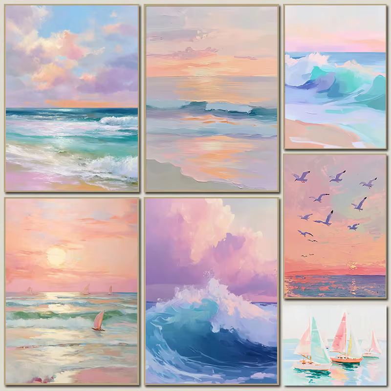Affiche d'art sur toile, impression d'huile, motif coucher de soleil sur l'océan, doux et magnifique, pour décoration murale de fond de canapé de villa ou salon