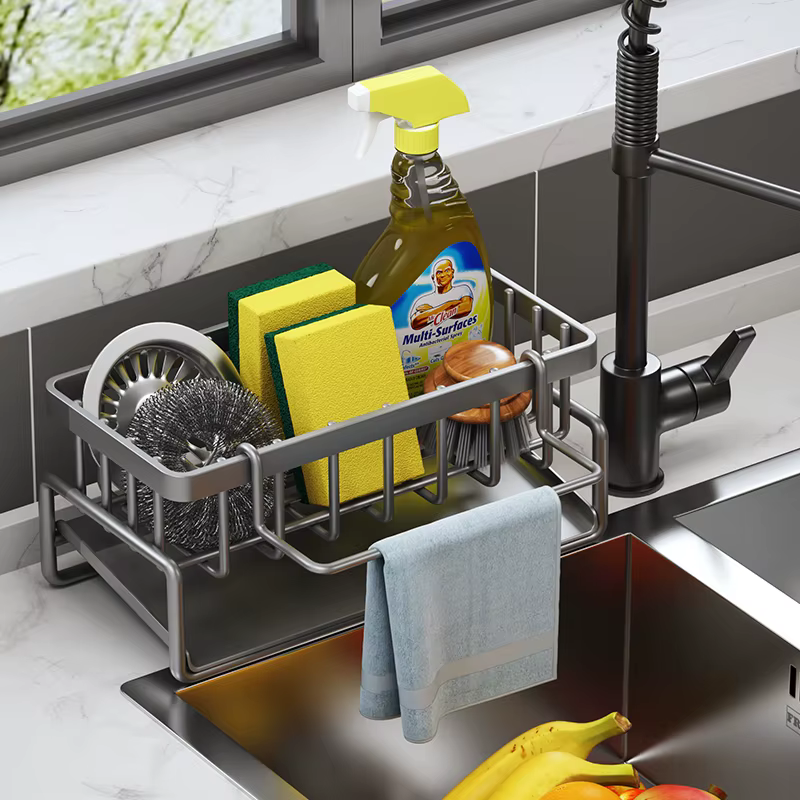 Étagère de rangement d'épices de cuisine avec égouttoir, organisateur d'évier d'installation, étagère montée sur robinet pour accessoires de cuisine à domicile