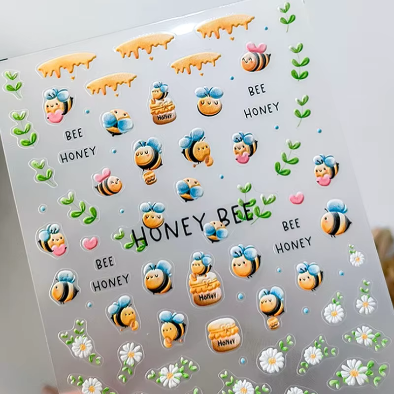 Pot de miel d'abeille mignon, fleurs de marguerite, Pot de miel, amour, cœur, feuilles vertes, Reliefs, autocollants auto-adhésifs pour Nail Art, décalcomanie de manucure