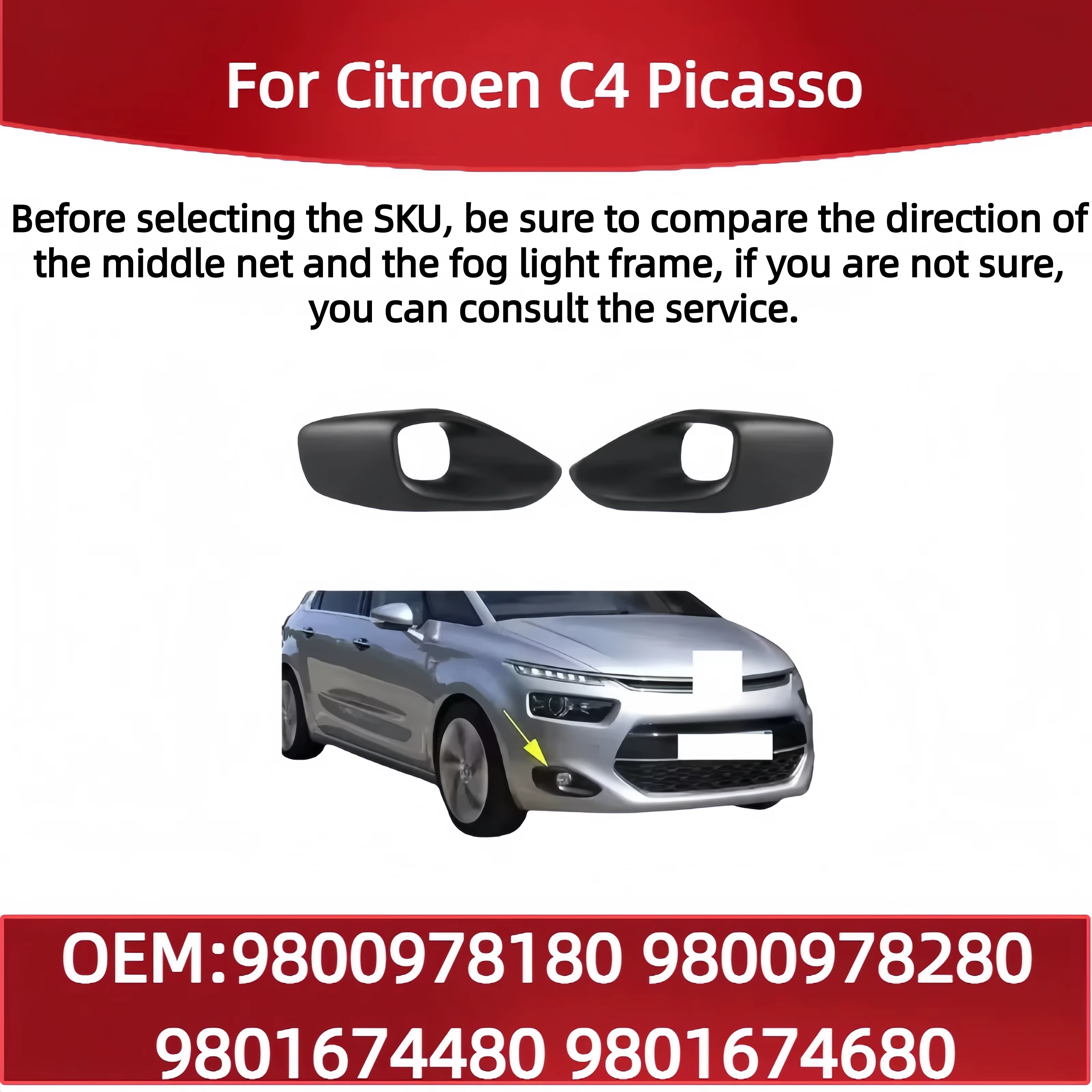 9800978180 9800978280 9801674480 9801674680 Pour Citroën C4 Picasso – Nouvelle garniture de pare-chocs avant d'origine, cadre de feux antibrouillard avant