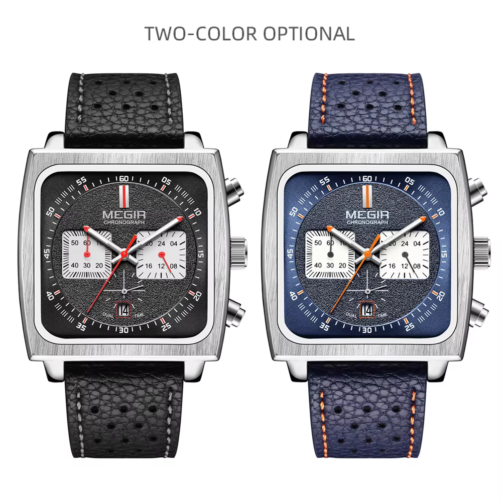 MEGIR cadran carré chronographe montres à Quartz pour hommes mode bracelet en cuir bleu montre-bracelet de Sport décontractée avec Date 24 heures 2182