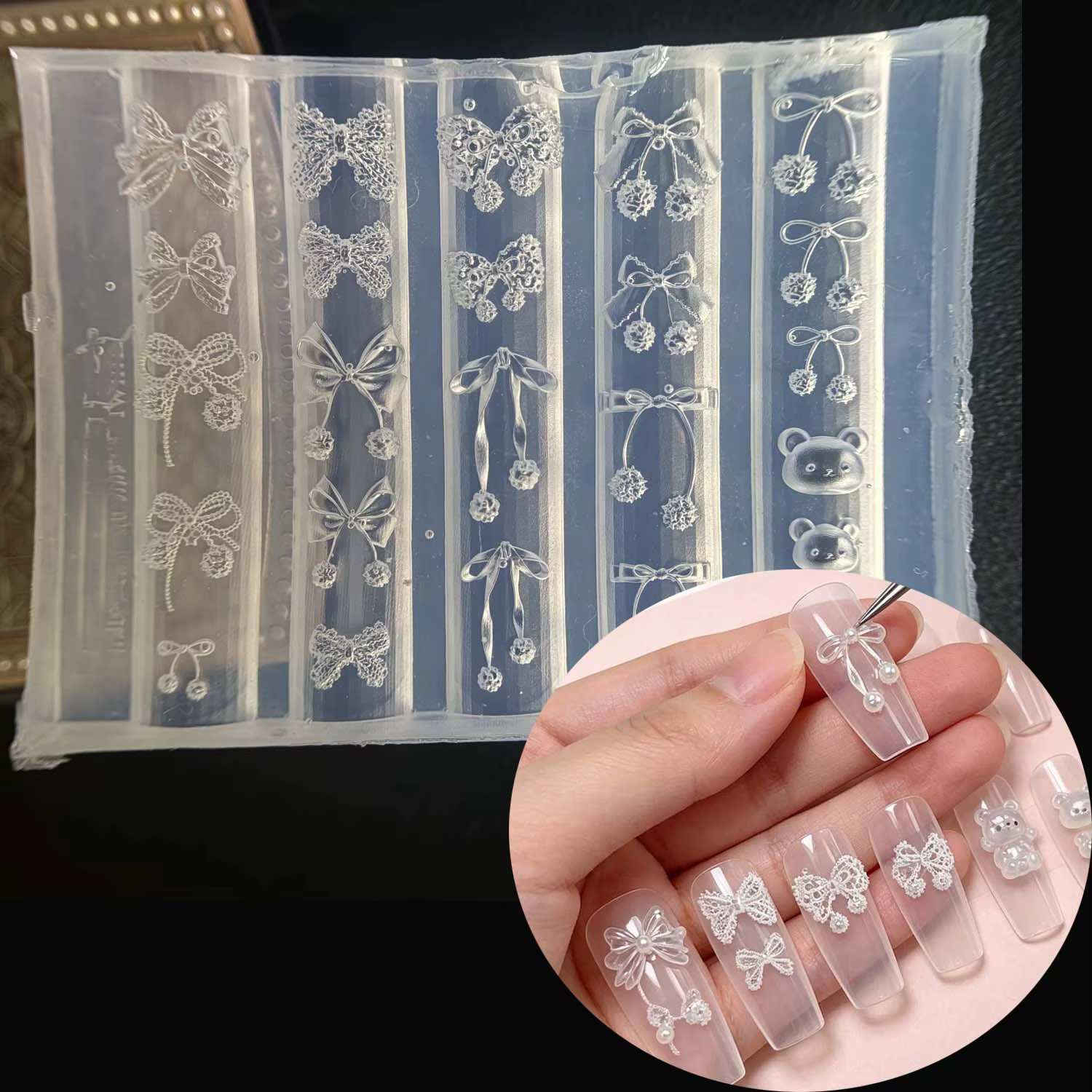 1 moule en silicone pour nail art, motif dessin animé mignon, fleur, chaîne, cerise, nœud, design 3D transparent, pour décoration d'ongles DIY