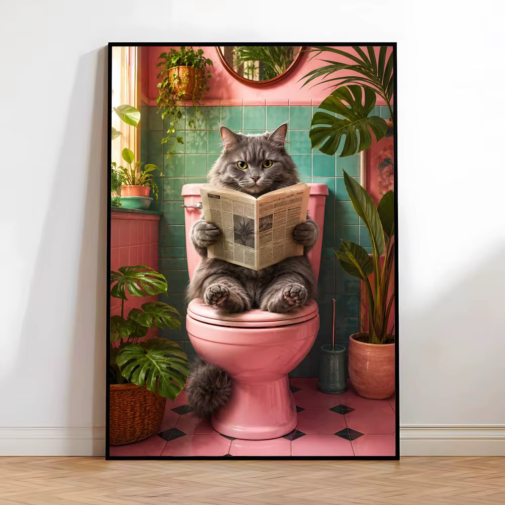Tableau mural sur toile avec chat de salle de bain lisant sur les toilettes, calligraphie, pour décoration intérieure de chambre et maison