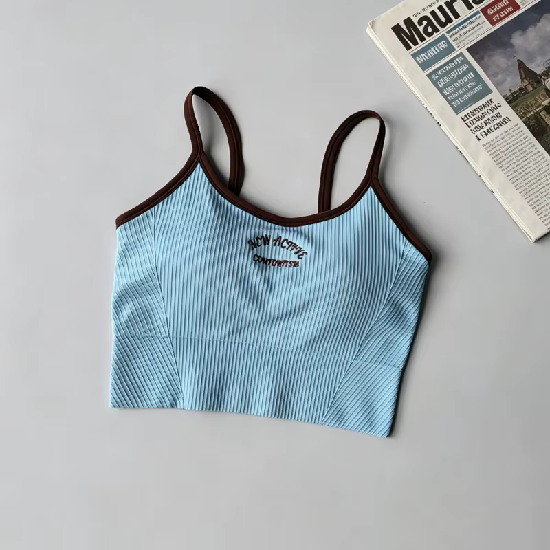 Soutien-gorge de sport côtelé colorblock pour femme, haut court de yoga brodé sans armatures avec coussinets rembourrés pour la gym et le fitness