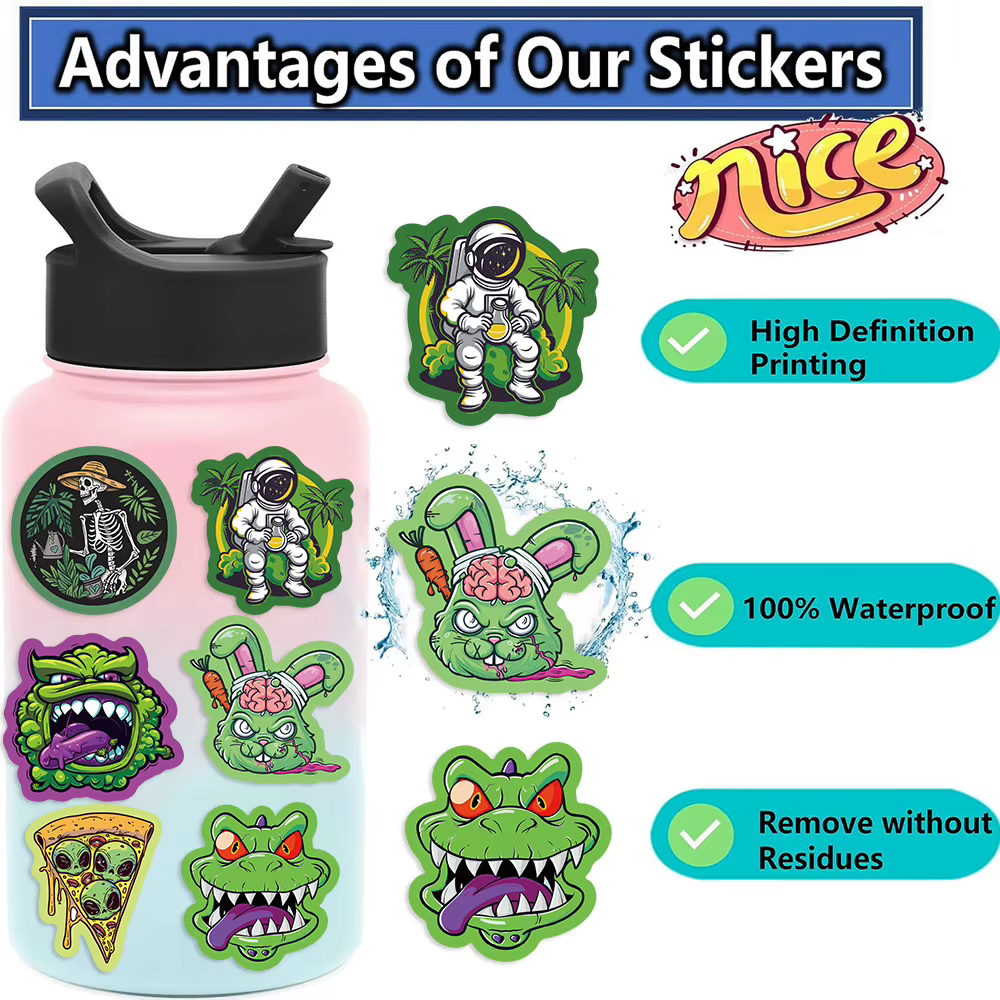 Autocollants imperméables en vinyle pour fumer de mauvaises herbes, autocollants pour ordinateur portable, pare-chocs de voiture, bagages, planche à roulettes, eau HI, ordinateur, téléphone, 50 pièces