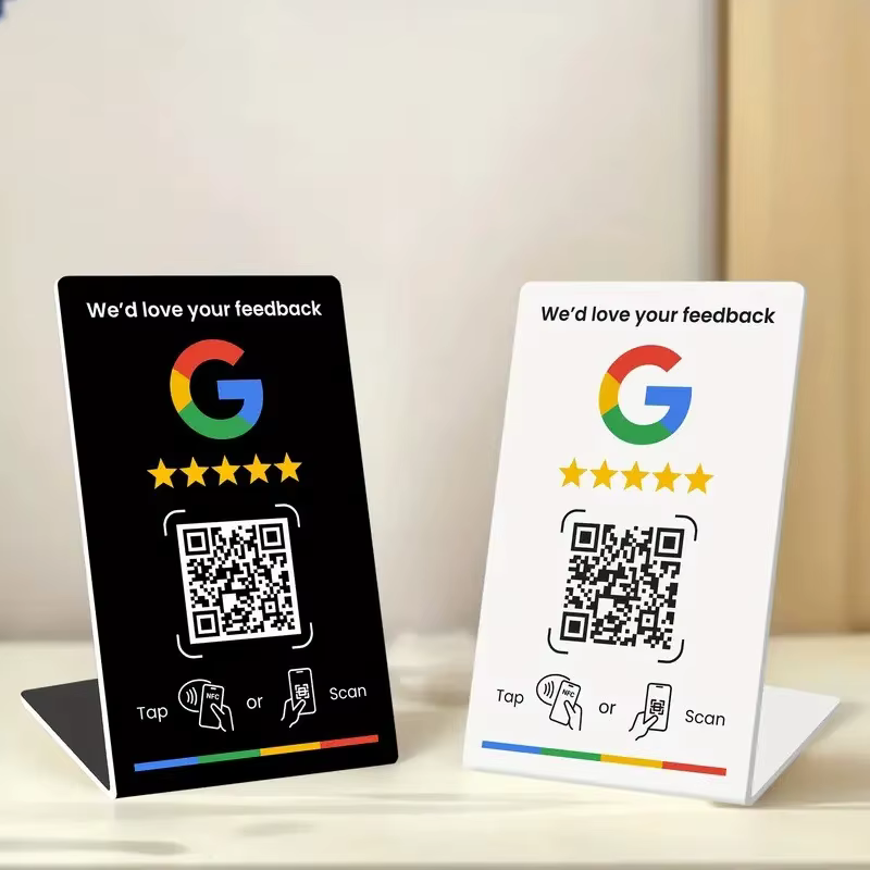 Support de code QR personnalisé pour avis Google, affichage de menu en acrylique, plaque pour réseaux sociaux Facebook, touchez ou scannez pour laisser un avis (NFC+QR)