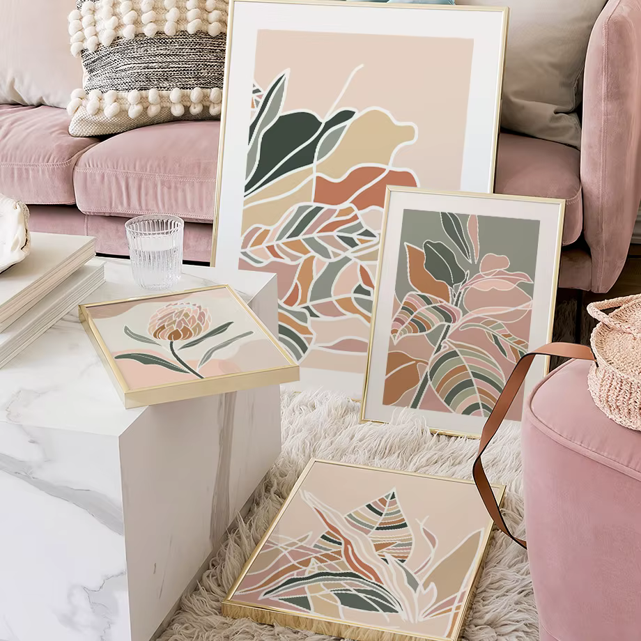 Affiches et impressions abstraites HD de feuilles et fleurs colorées scandinaves, peinture sur toile, décoration murale pour la maison, la chambre à coucher et le salon