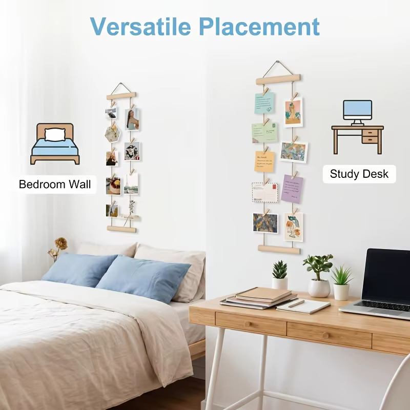 Corde à suspendre les photos en bois avec pinces en bois, support d'affichage multi-photos, gain de place pour dortoir, chambre, bureau et décorations murales