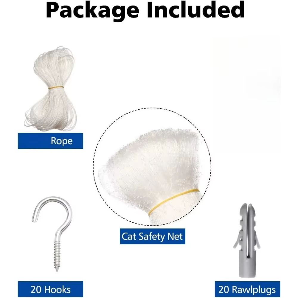 1 ensemble de filet de sécurité transparent pour chat avec accessoires, à mailles fines, pour balcon et escaliers - Empêche les chutes et les évasements des animaux domestiques (5 tailles)