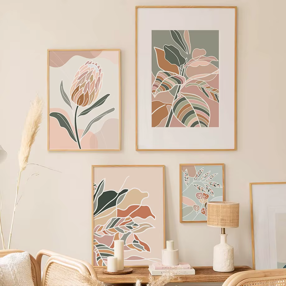 Affiches et impressions abstraites HD de feuilles et fleurs colorées scandinaves, peinture sur toile, décoration murale pour la maison, la chambre à coucher et le salon