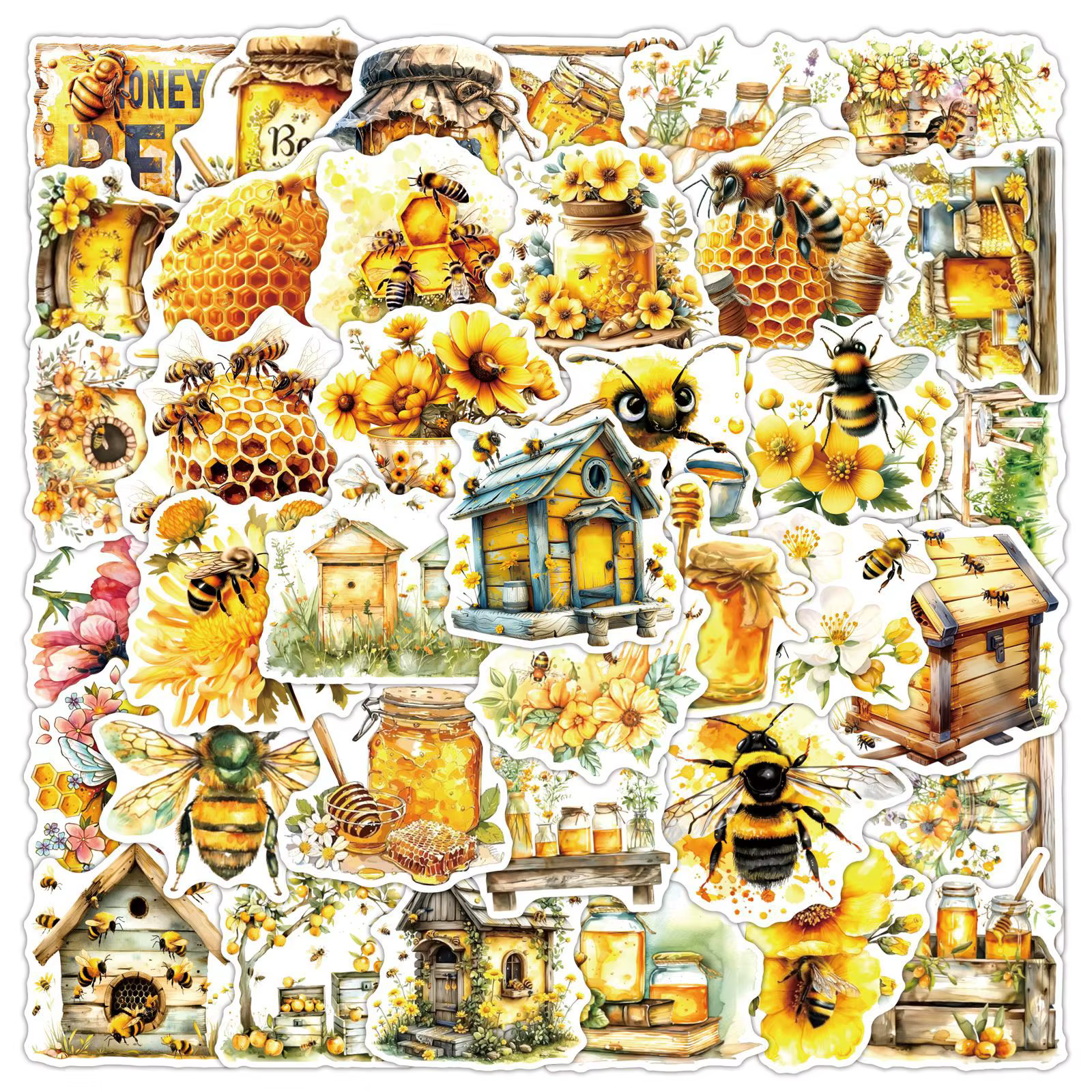 50 autocollants mignons en forme d'abeille, de pot de miel, imperméables, pour valise, papeterie, graffiti Kawaii