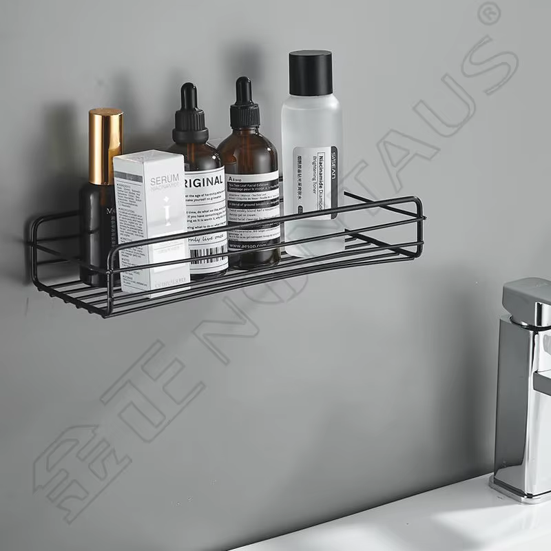 Étagère de rangement pour salle de bain, organisateur de cuisine, étagères noires, cadre d'angle, poinçon de douche en fer, support Caddy monté sans poinçon
