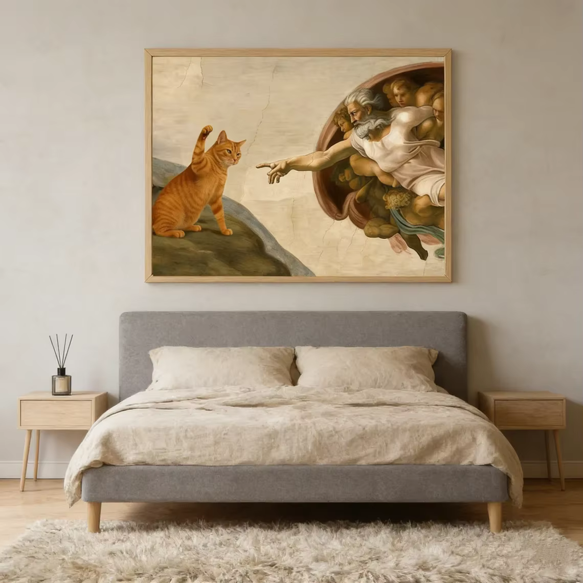 Peinture sur toile sans cadre grand format 1 pièce "Création d'Adam" fantaisiste avec chat orange, décoration murale - Parodie d'art classique Po