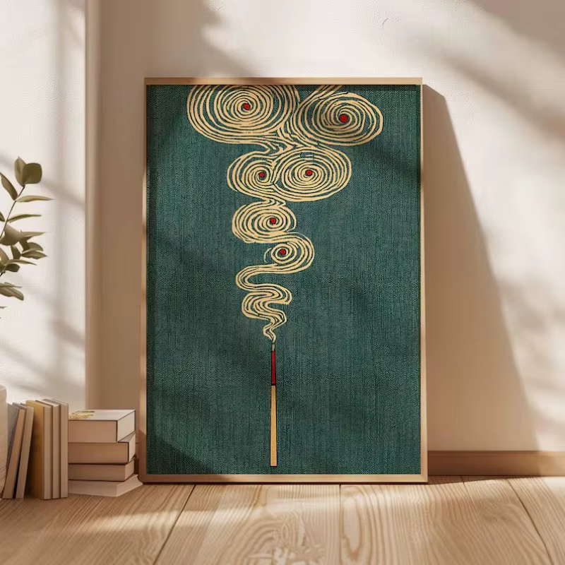 Affiche de paysage Oriental Vintage, soleil et vagues, encens japonais, grue cornée rouge, peinture sur toile, tableau d'art mural, décoration de maison