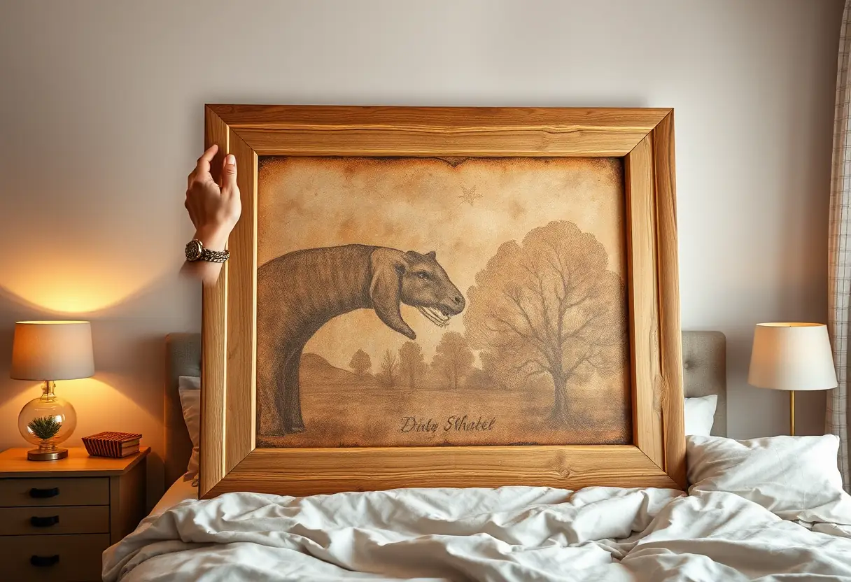 Une main posant un cadre en bois brut autour d'un tableau rustique dans une chambre douillette