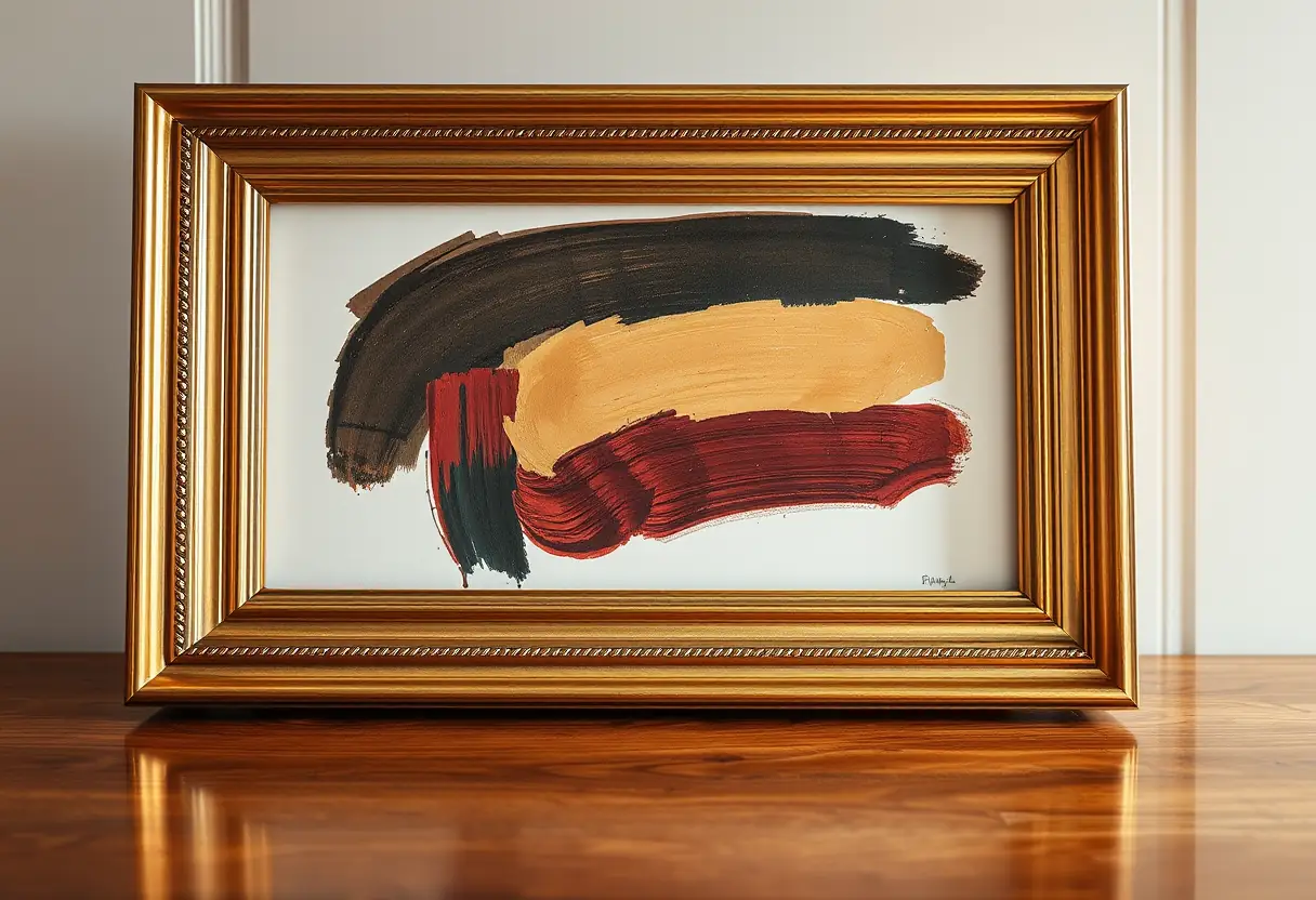 Cadre doré autour d'une peinture abstraite sur un bureau