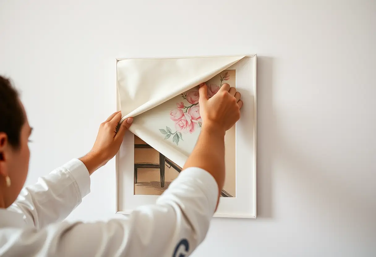 Artiste installant un cadre avec cimaise autour d'un tableau peint à la main