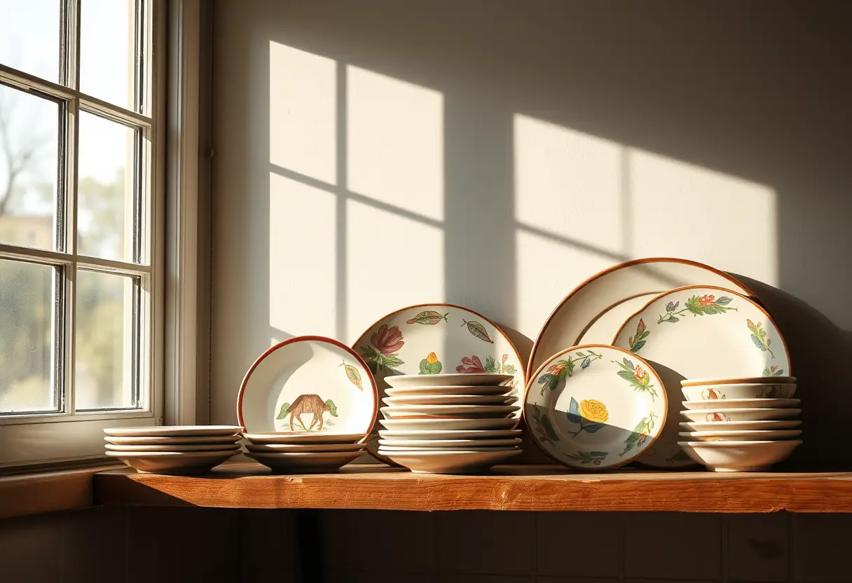 Lumière du matin qui éclaire des assiettes en grès peintes à la main disposées sur une étagère en bois
