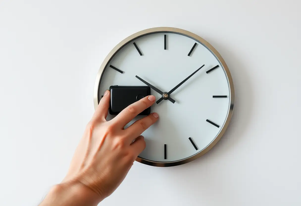 Main tenant une horloge murale minimaliste