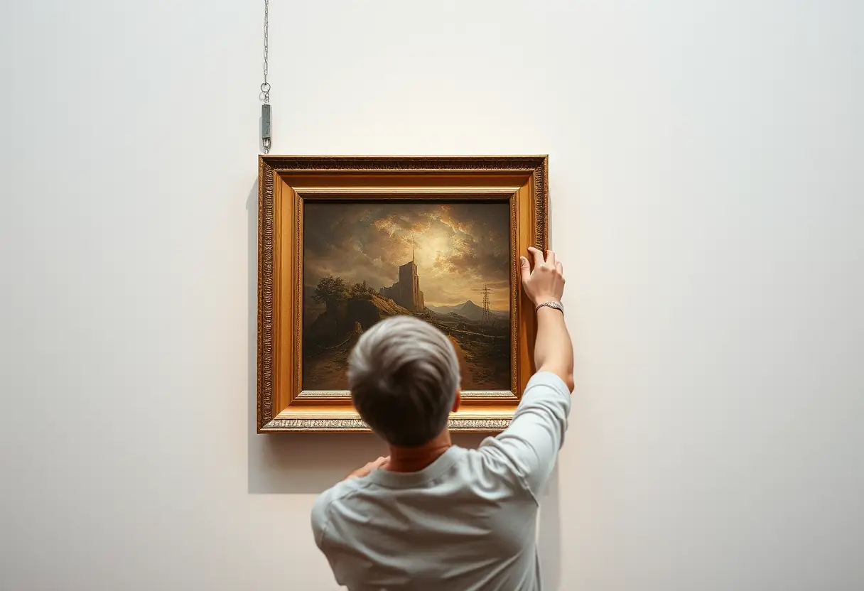 Ajustement de la hauteur d’une œuvre encadrée suspendue avec des languettes métalliques
