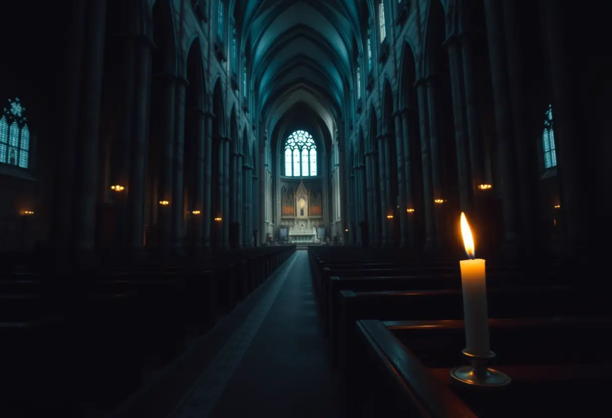 Intérieur d'une cathédrale sombre avec des colonnes de pierre, une chandelle allumée, éclairage naturel