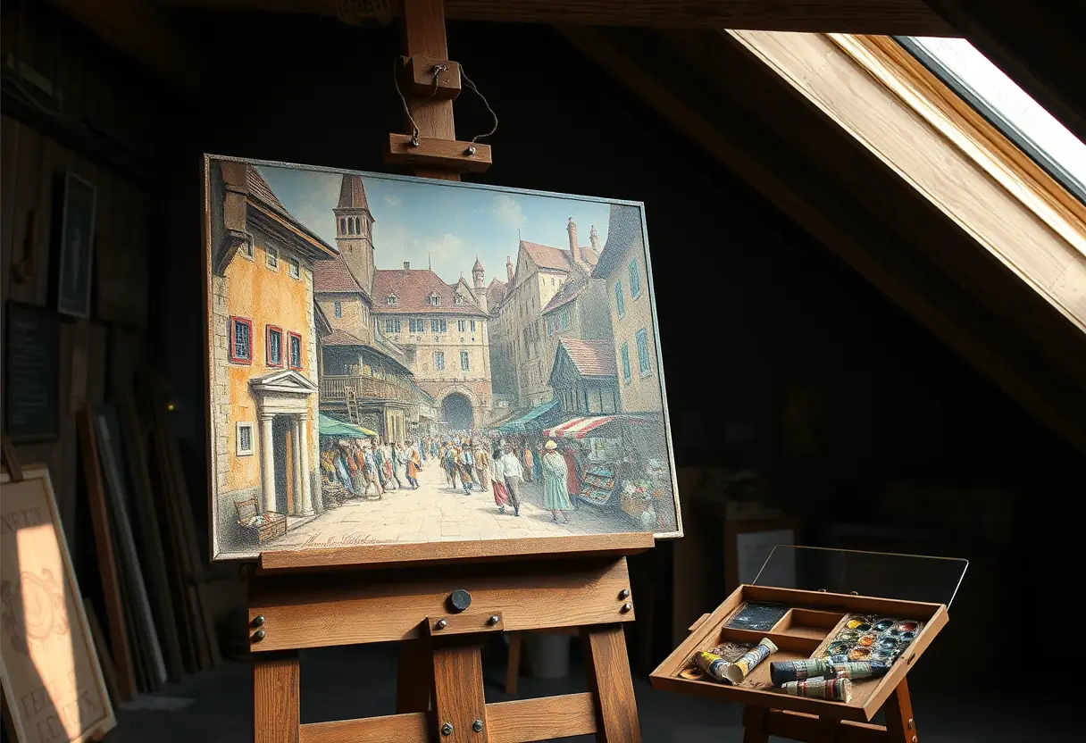 Un chevalet ancien soutient un tableau représentant une place médiévale animée, lumière douce
