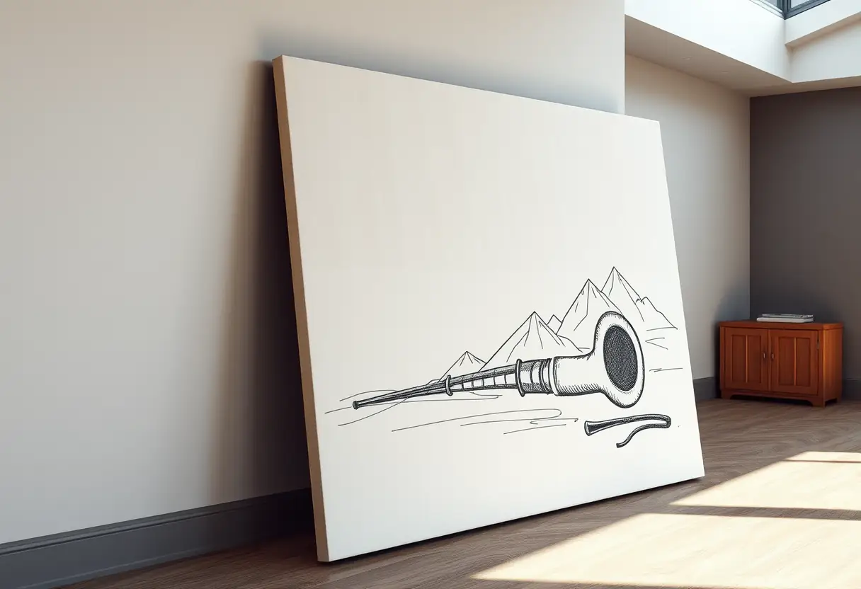 Toile inachevée montrant un croquis de pipe et de montagnes dans une pièce bien éclairée