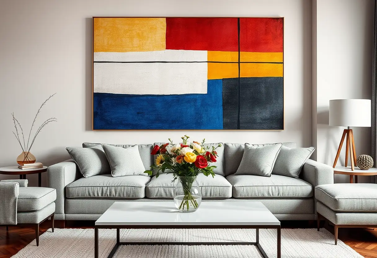 Un canapé dans un salon avec un tableau abstrait aux couleurs primaires