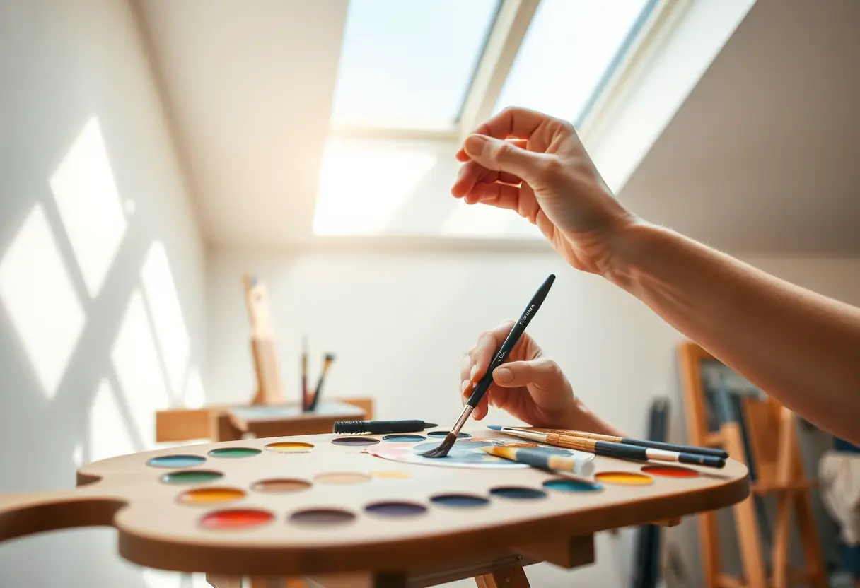 Un artiste mixant des couleurs sur une palette en bois sous une lucarne avec divers pinceaux pour tester différentes teintes avant application