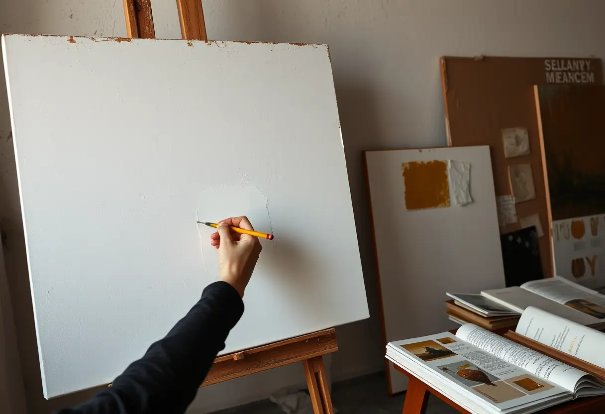 Une main posant de la peinture à l'huile sur un grand tableau