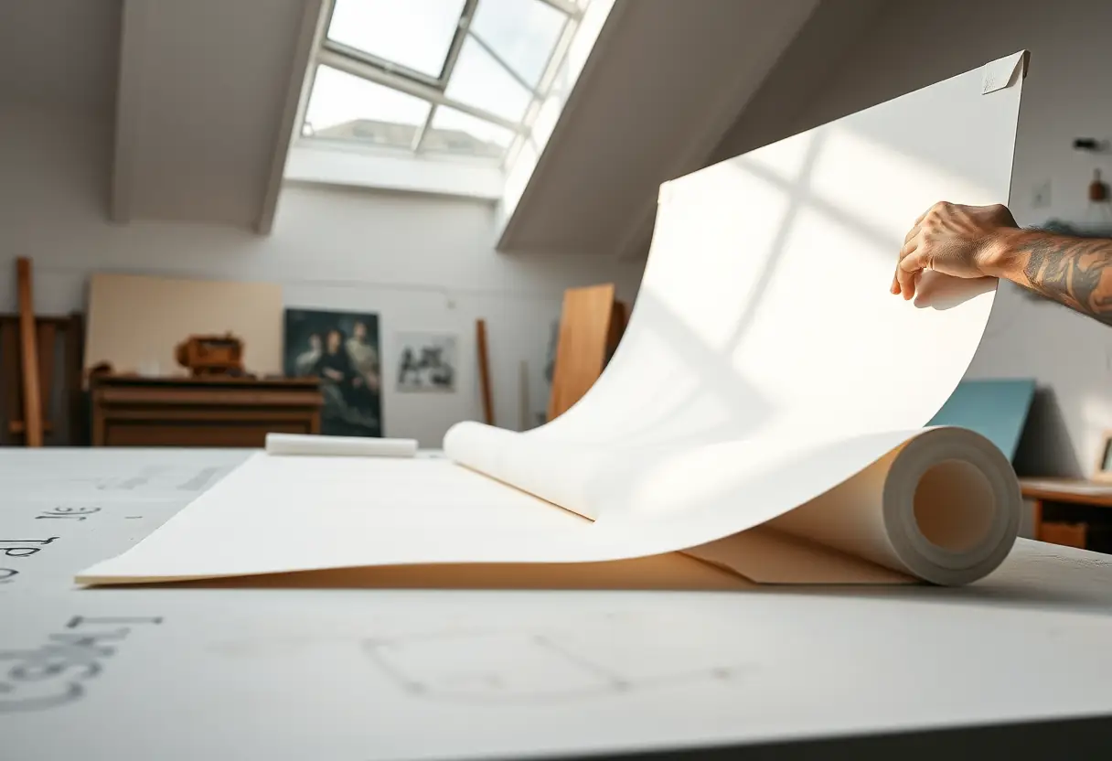 Une main prépare une toile de peinture sous un skylight pour reproduire un tableau