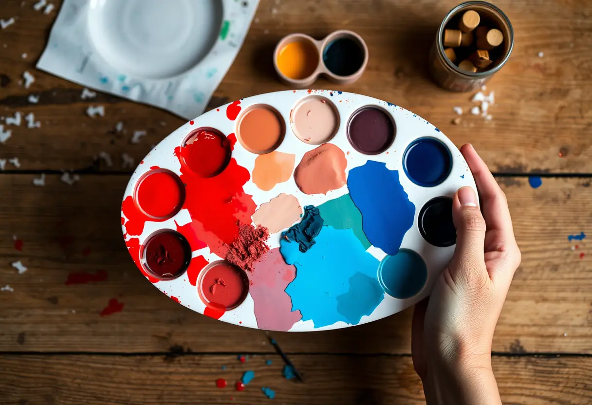 Une main tenant une palette avec diverses couleurs, incluant du rouge et du bleu