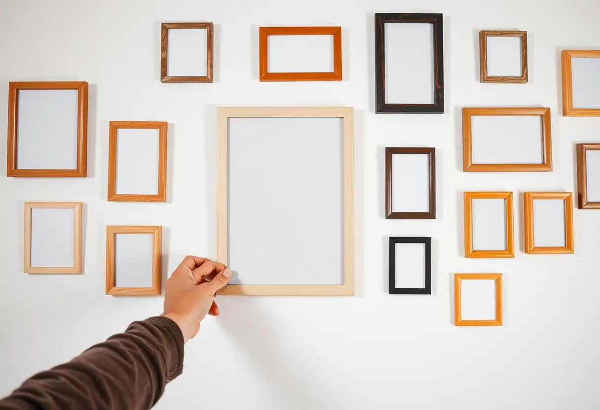 Une main pose un cadre magnétique sur un mur déjà décoré
