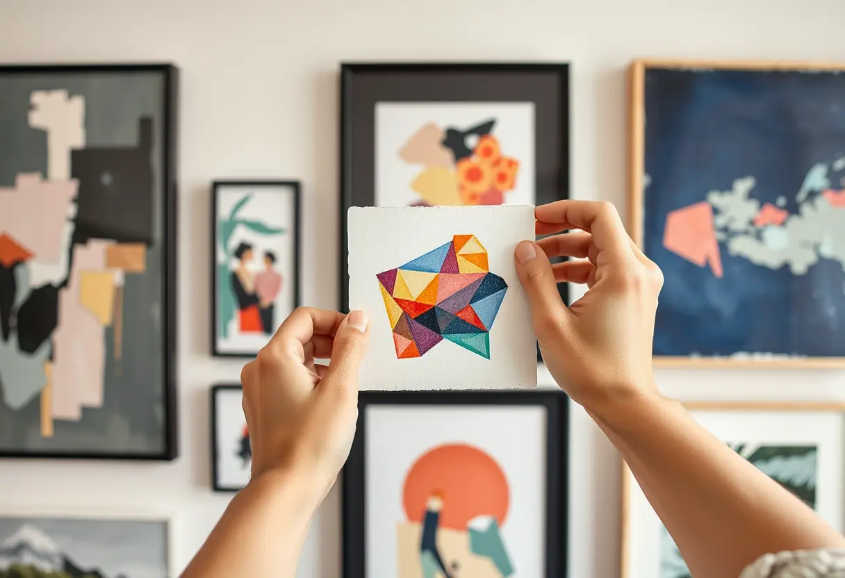 Main posant un tableau abstrait parmi d'autres œuvres