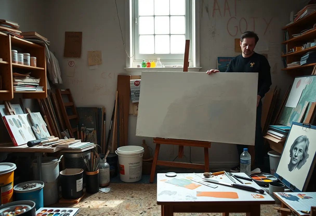Atelier d'artiste avec des pinceaux et des toiles peintes