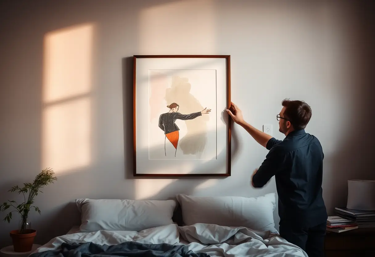 Un artiste posant soigneusement un tableau abstrait sur le mur d'une chambre, éclairé par une lumière douce