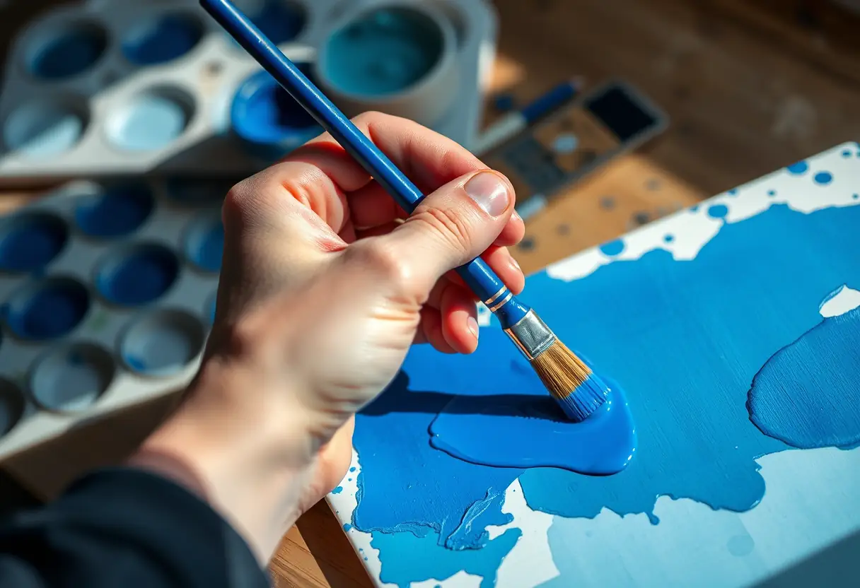 Une main tenant un pinceau trempé dans de la peinture bleue