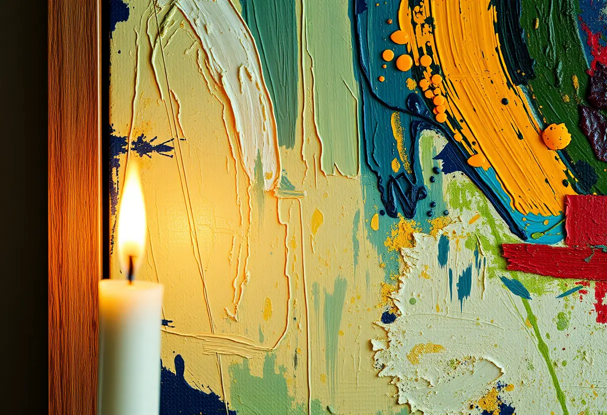 Un tableau abstrait avec des touches de peinture texturée éclairé par une bougie