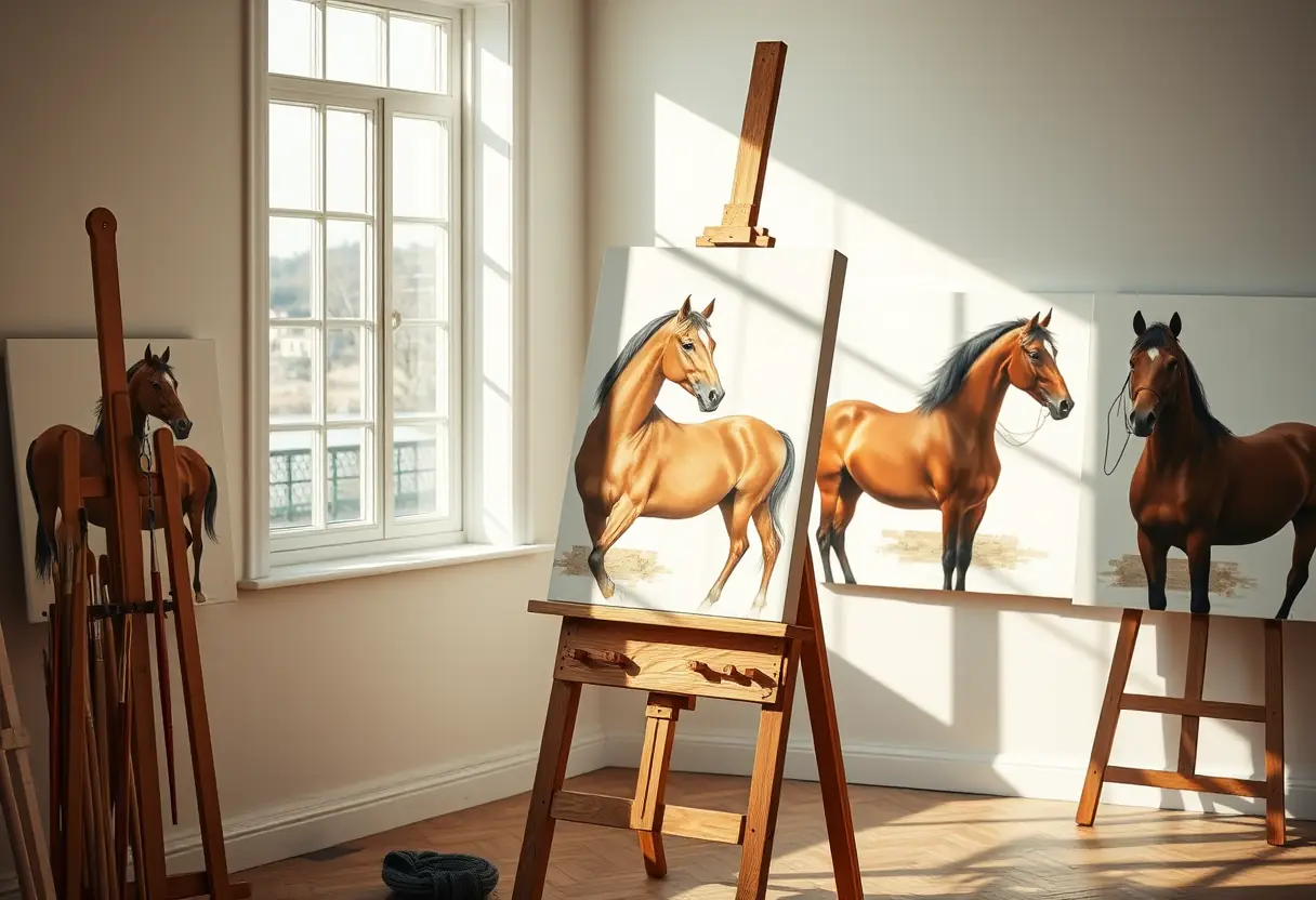 Atelier d'artiste baigné de lumière avec des tableaux de chevaux incomplets