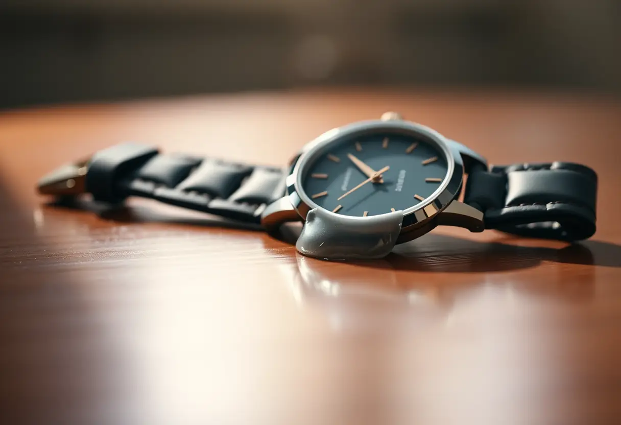 Une montre fondante posée sur un meuble, mettant en valeur la qualité onirique de l'œuvre