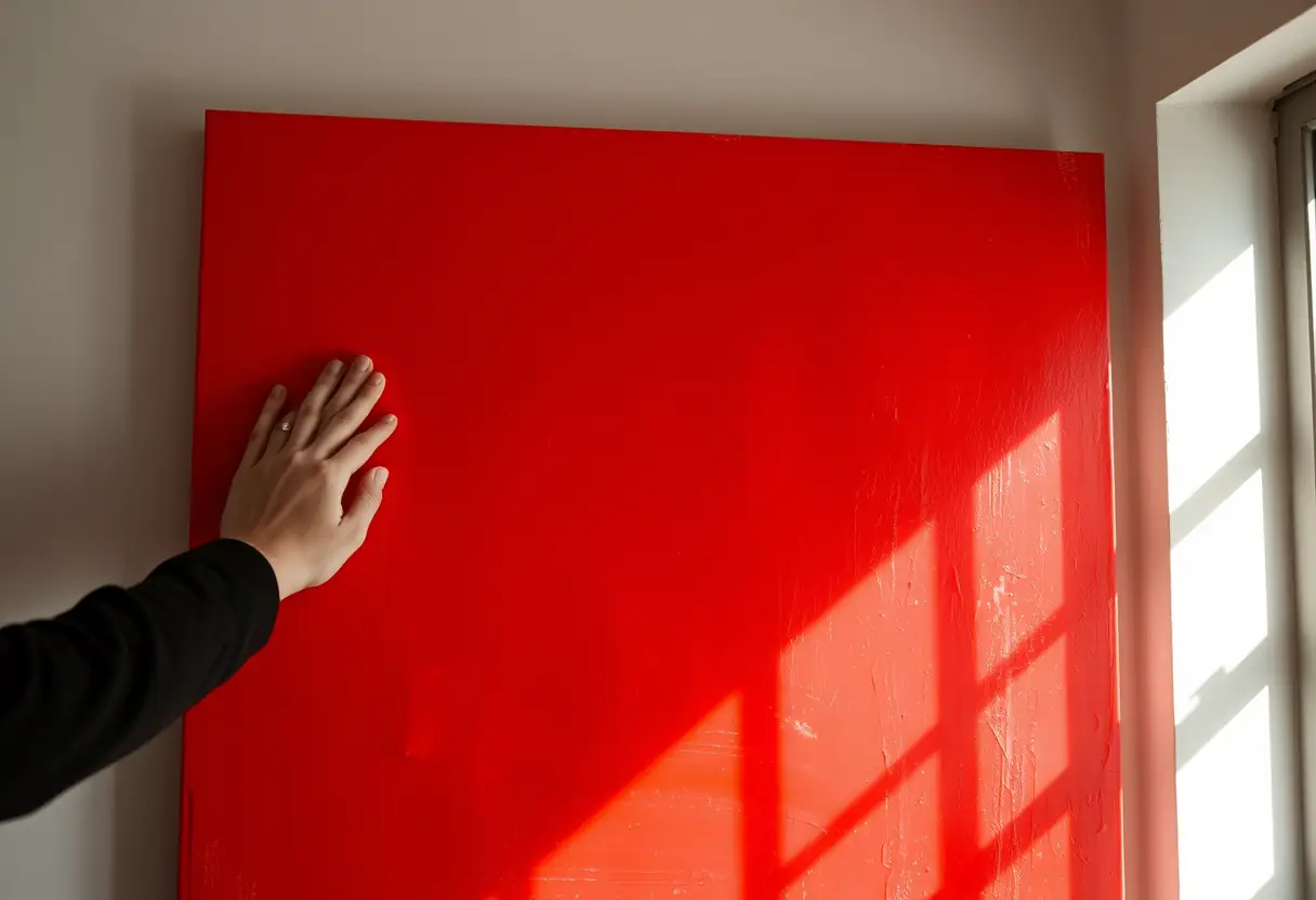 Une main lisant les coups de pinceau sur un tableau abstrait récemment accroché