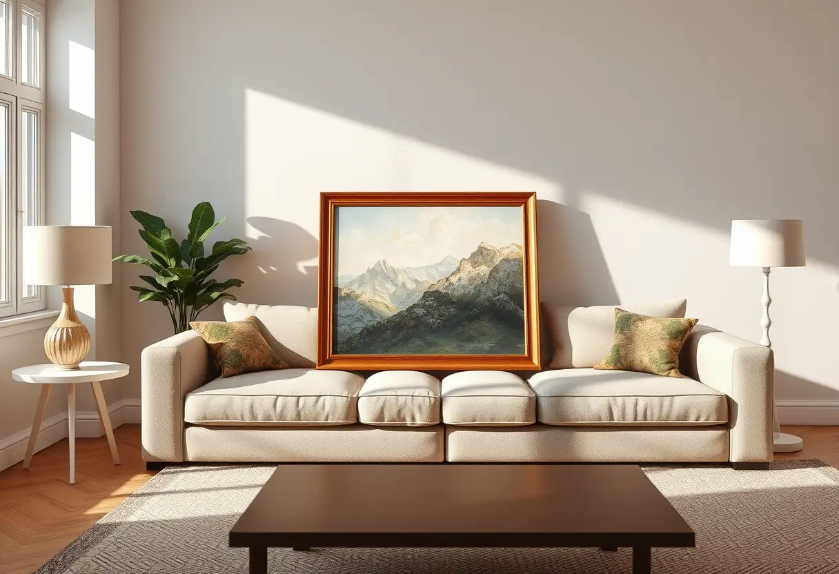Tableau fini posé contre un canapé dans un salon bien éclairé