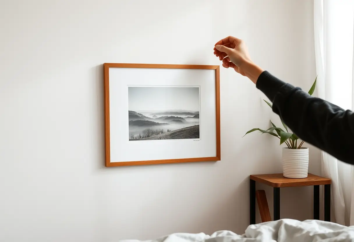 Une main arrangeant un petit cadre sur un mur de chambre, le cadre contient un paysage serein