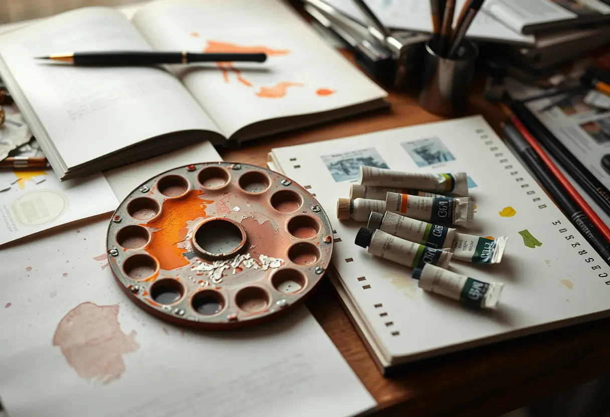 Un plateau de peinture avec des tubes près d'un cahier de croquis sur un bureau