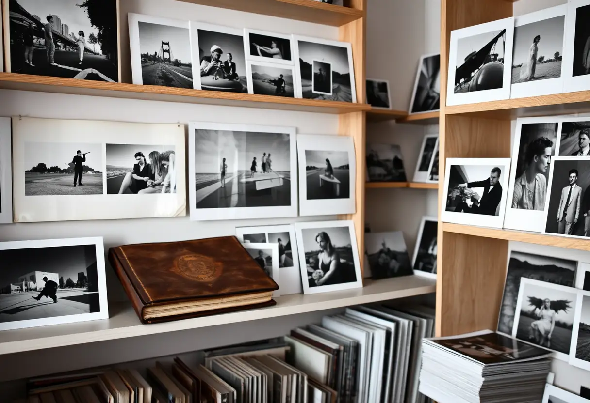 Des étagères remplies de photographies en noir et blanc avec un album ancien et des tirages glacés