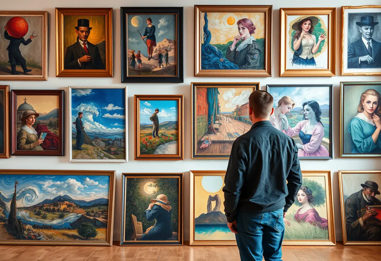 Un artiste devant un mur de tableaux encadrés de différents styles et couleurs