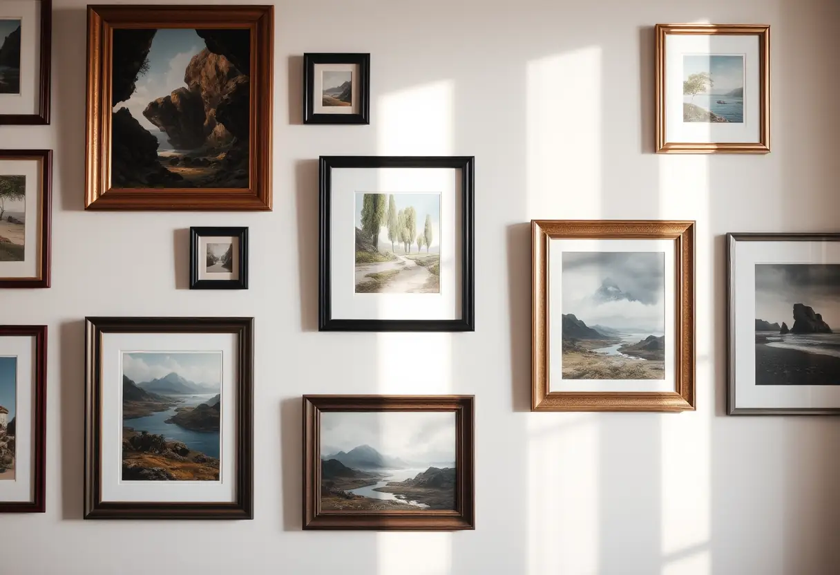 Mur avec tableaux encadrés, paysage apaisant