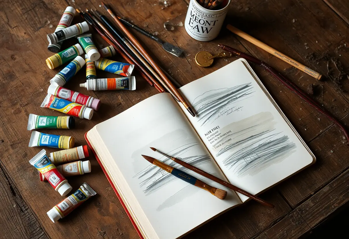 Un amoncellement de tubes de peinture et de pinceaux sur une table en bois, avec un cahier de croquis partiellement ouvert