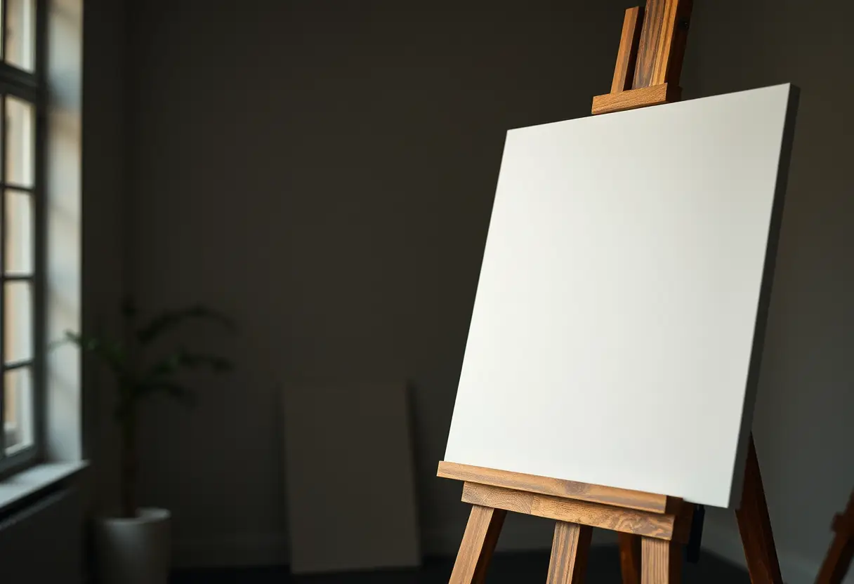Etabli avec toile blanche dans un atelier sombre, processus créatif